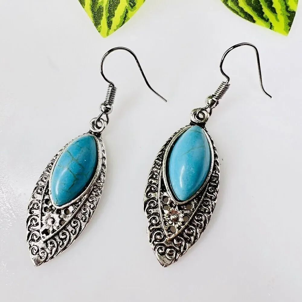 Teal Blue Faux Turquoise On Filigree Leaf Silver Tine Dangle Drop Earrings